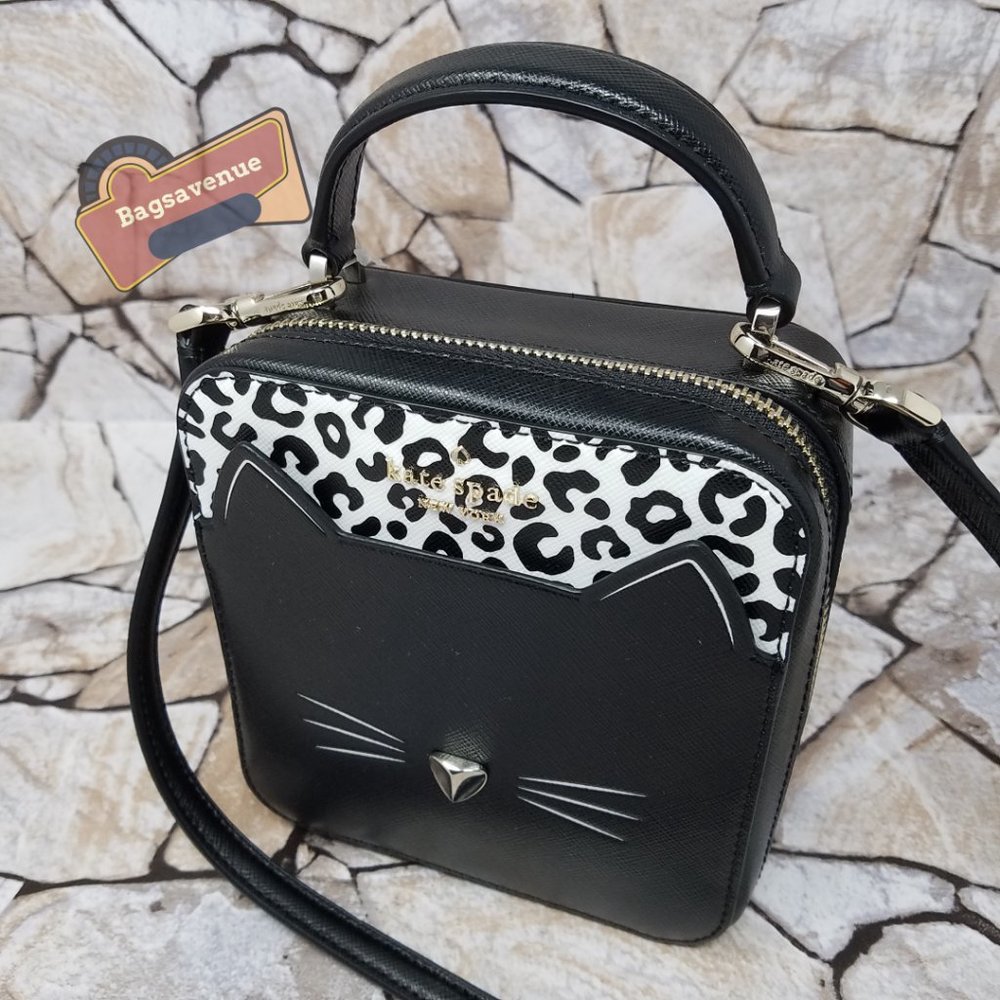 Daisy Vanity Crossbody Meow Cat Leather Bag Top Handle Purse Black Kate spade - Picture 4 of 9